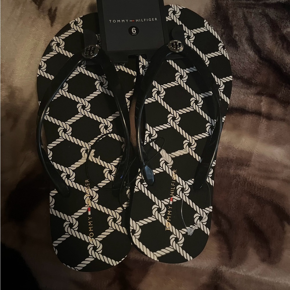 Tommy Hilfiger Black and White Rope Pattern Sandals